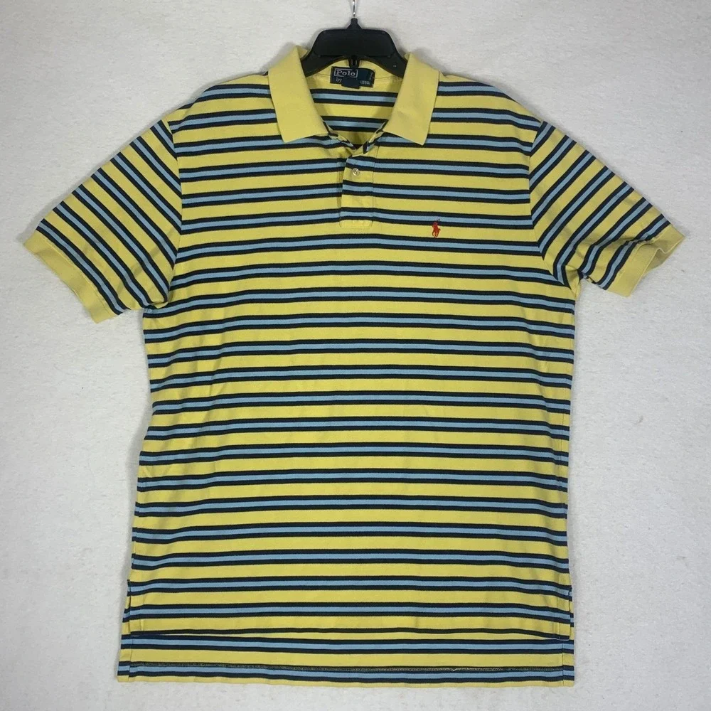 VTG Polo Ralph Lauren Men Yellow Blue Stripe Polo Shirt Large Logo Pony Made USA